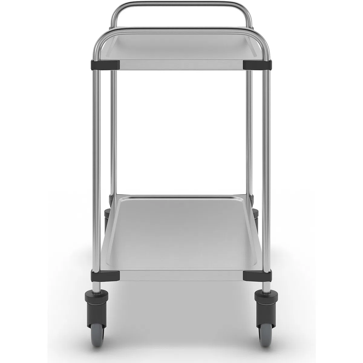 Servierwagen aus Edelstahl, mit 2 Etagen, LxBxH 870 x 570 x 950 mm, montiert.