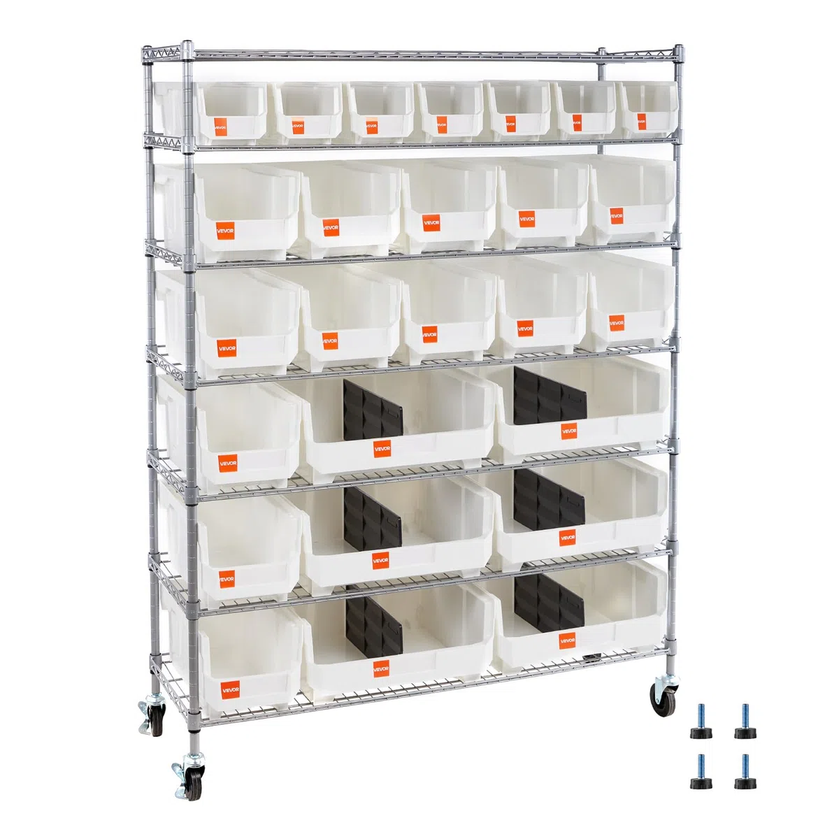 VEVOR Standregal, Lagerregal mit 7 Ebenen & 26 Stapelboxen, Bücherregal, Küchenregal mit Rollen, Fahrregal für Garage, Lager, Büro, Restaurant, Klassenzimmer, Küche, 355x1110x1480 mm