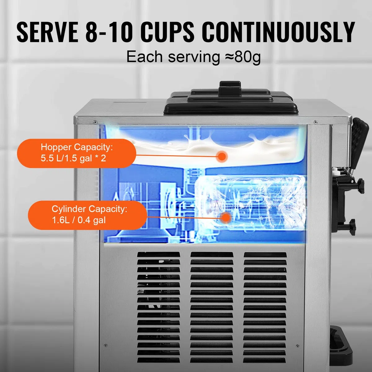 VEVOR Kommerzielle Eismaschine 18–28 L/h, 3 Geschmacksrichtungen, Italienische Eismaschine, 2 x 5,5 L Trichter, LCD-Panel, Automatische Vorkühlung, Reinigung, für Joghurt, Kaffee, Snackbar, Restaurant