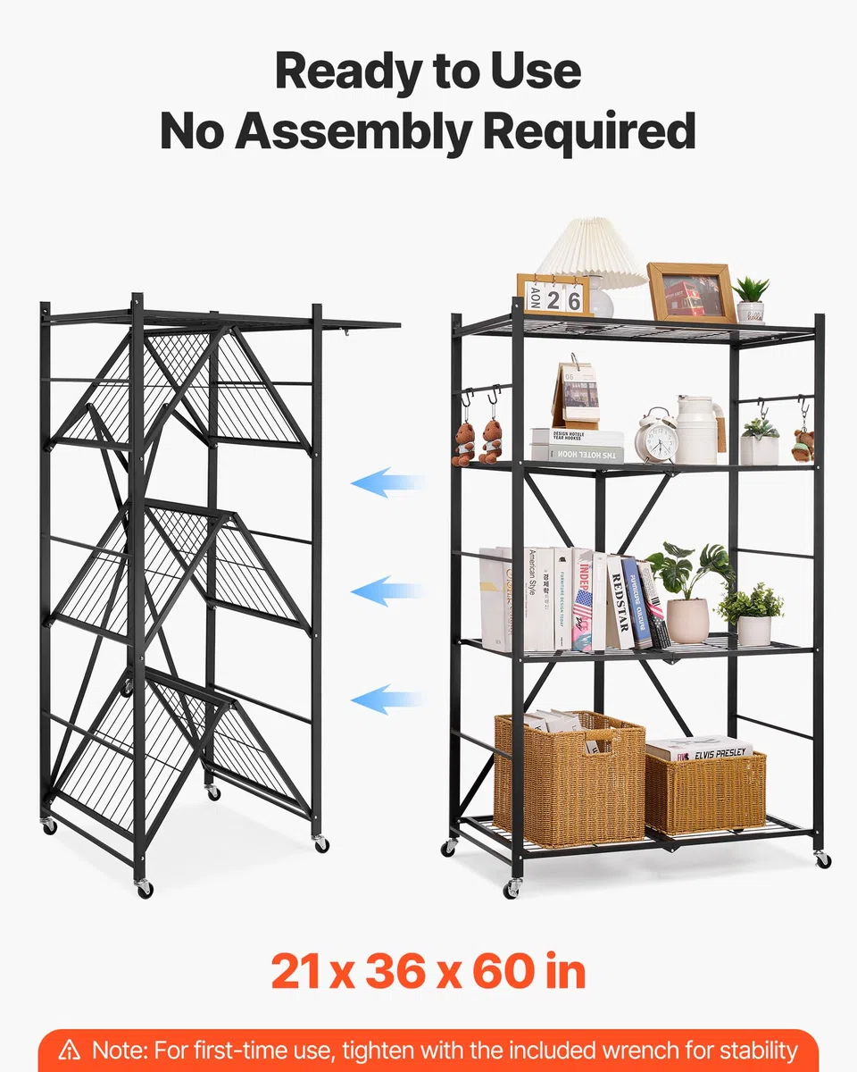 VEVOR 4 Etagen, Klappbare Regale mit Rädern, 53x91x152 cm, Faltbares Schwerlastregal, montagefreies Standregal, Haushaltsregal, Küchenregal, Metallregal für Garage, Küche, Keller, schwarz