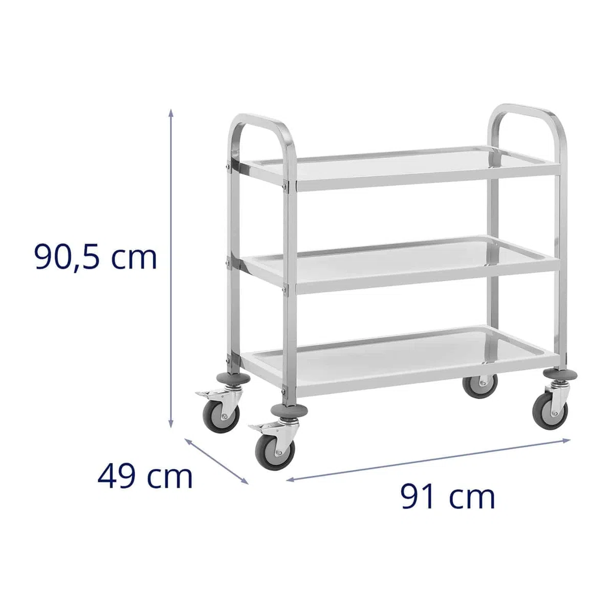 Royal Catering RCSW-110 Servierwagen 3 Borde 73 x 38 x 3 cm 81 kg Küchenwagen Edelstahl Küchenrollwagen Rollwagen Küche
