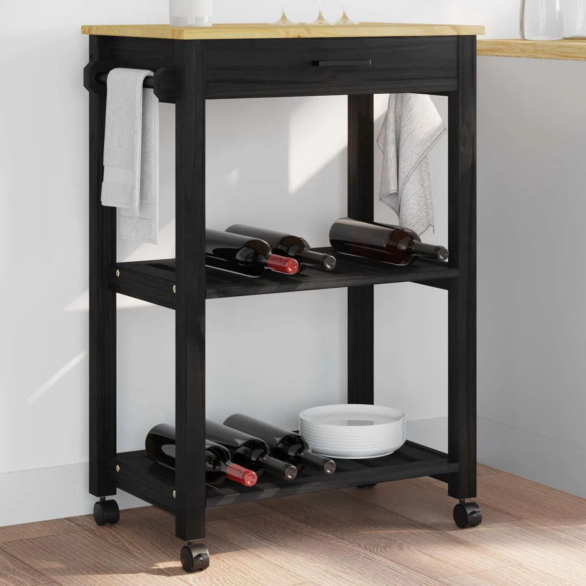 Mangloder Küchentrolley Monza Schwarz Massivholz Kiefer, 60 x 40 x 88,5 cm, mit Regal und Schublade, rollwagen servierwagen, 4 360 Grad Rollen, teewagen für Küchenorganisation